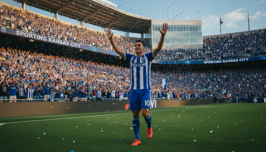 Celebratory soccer player engaging Kansas City soccer fans at a vibrant stadium.