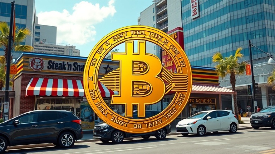 Modern Steak 'n Shake with Bitcoin symbol, highlighting employee benefits in fast food.