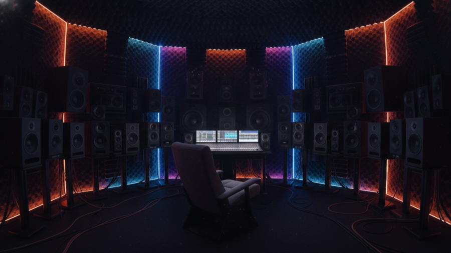Immersive sound experiences setup in a dimly lit room with textured black walls.