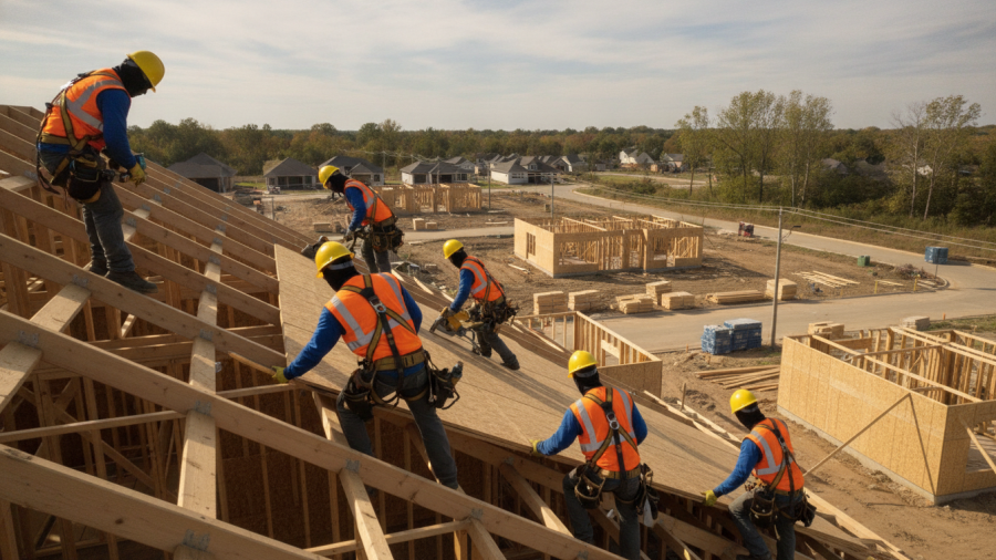 Construction workers on rooftop in Kansas City, highlighting illegal aliens and fraud issues.