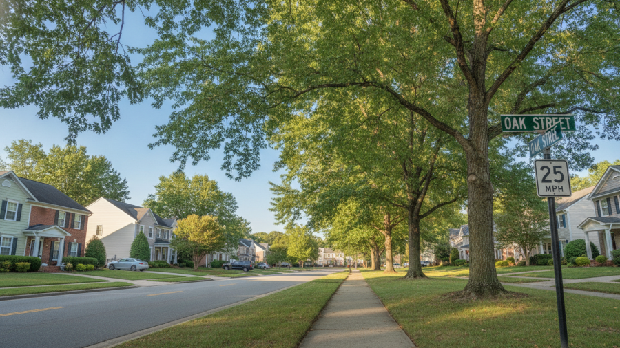 Peaceful suburban street in Kansas City showcasing local living with lush greenery.