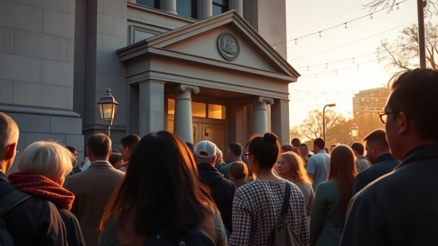 Diverse group waiting at a government building in Kansas City's vibrant neighborhoods.