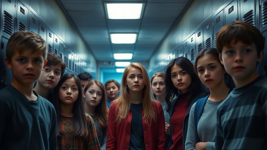 Concerned students and teacher in a Kansas City school hallway expressing worry.