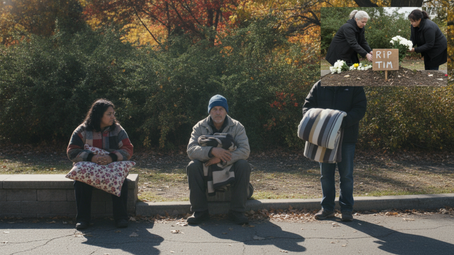 Urban scene highlighting homeless violence with community safety and mental health support.