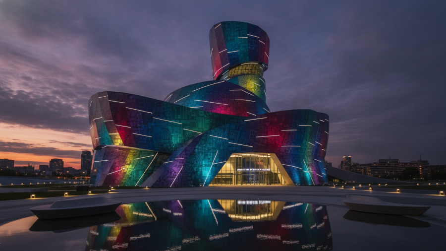 Futuristic Kansas City museum architecture highlighting local businesses at twilight.