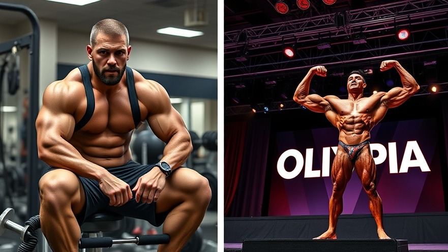 Man in gym attire with a bodybuilder on stage, showcasing strength training and muscle building.