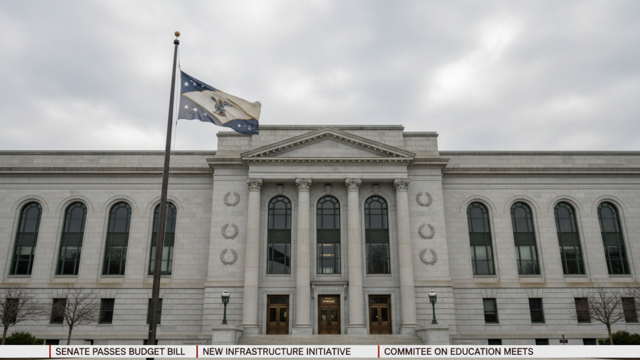Stunning Kansas City government building with intricate stonework and legislative news ticker.