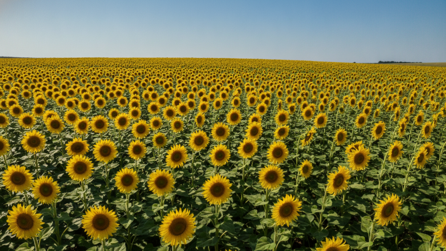Vibrant Kansas City sunflower fields under a clear blue sky, showcasing bright sunflowers.