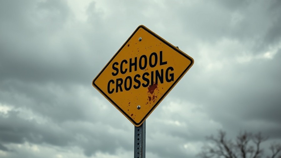 Weathered school crossing sign with bullet holes, highlighting school safety concerns.
