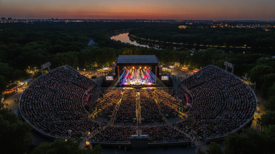 A vibrant outdoor theatre in Kansas City, showcasing local performing arts at twilight.