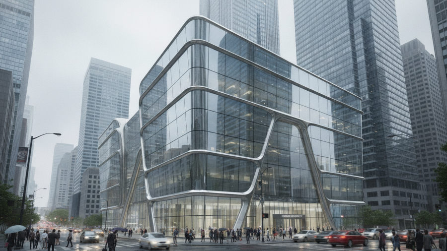 Futuristic college building symbolizing financial integrity in education in Kansas City.