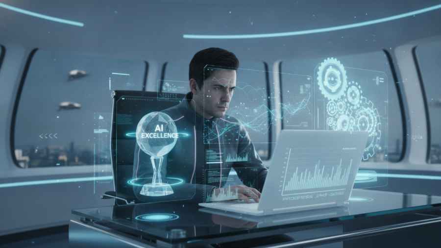Futuristic scene of AI in parenting with individual focused on laptop and holograms.