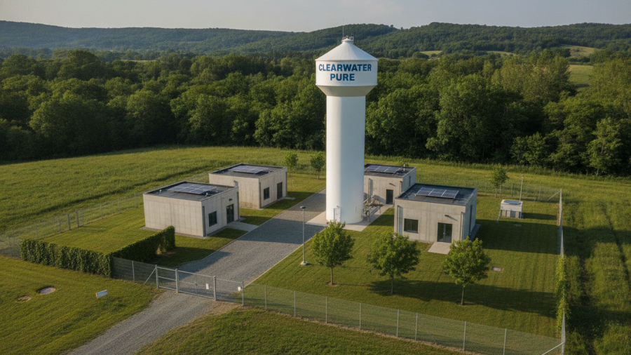 Rural water treatment facility showcasing Kansas City infrastructure updates in a serene landscape.