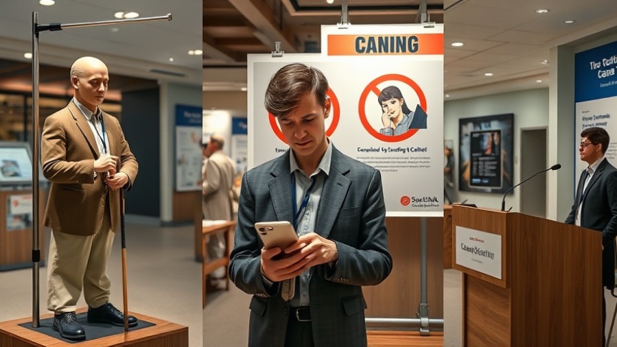 Collage illustrating Singapore fraud laws, featuring caning penalty, scam awareness poster, and speaker.