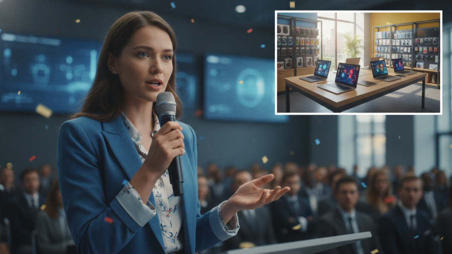 Confident woman speaks on consumer protection tech companies with modern laptops in retail.