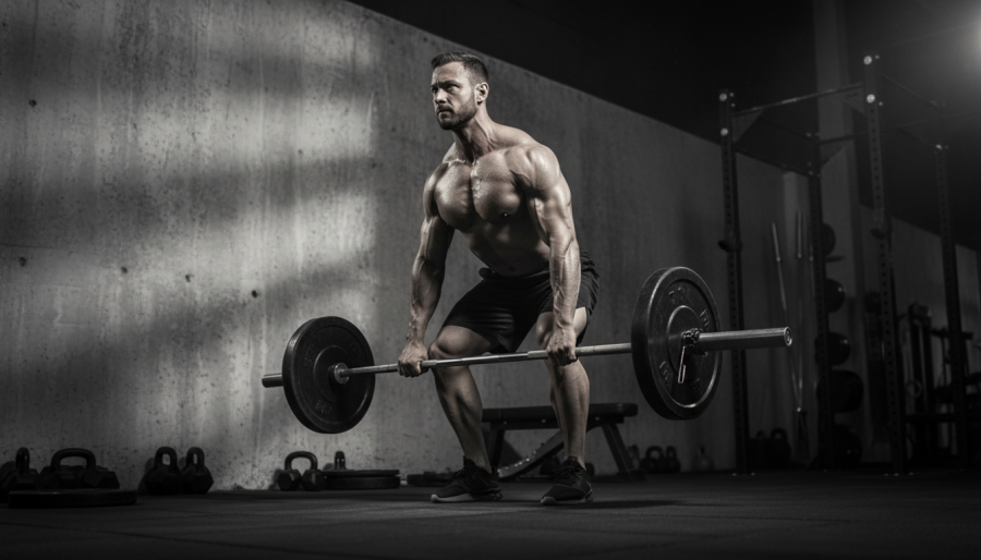 Muscular man performing a deadlift for strength training in a gym.