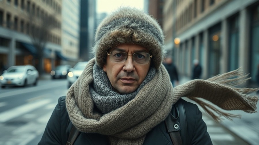 Determined pedestrian in Kansas City braves cold wind on downtown street.