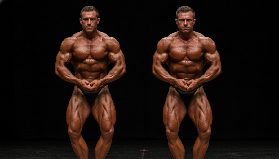 Two muscular bodybuilders flexing on stage, showcasing intense strength training and fitness motivation.