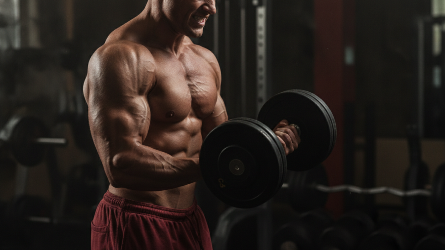 Focused male bodybuilder lifting dumbbell, showcasing effective workouts for muscle growth.