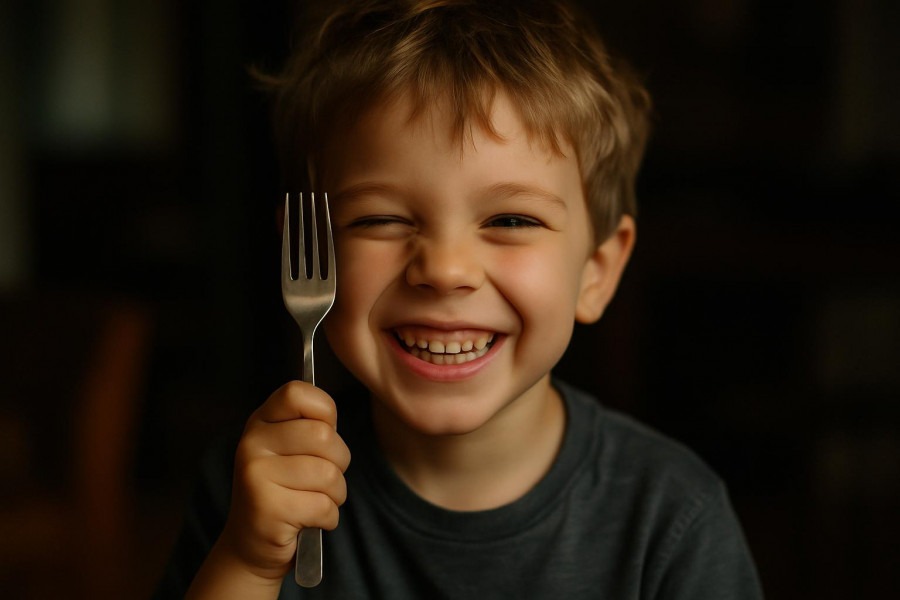Playful boy with a fork, showcasing local events Kansas City at the True/False Film Festival.