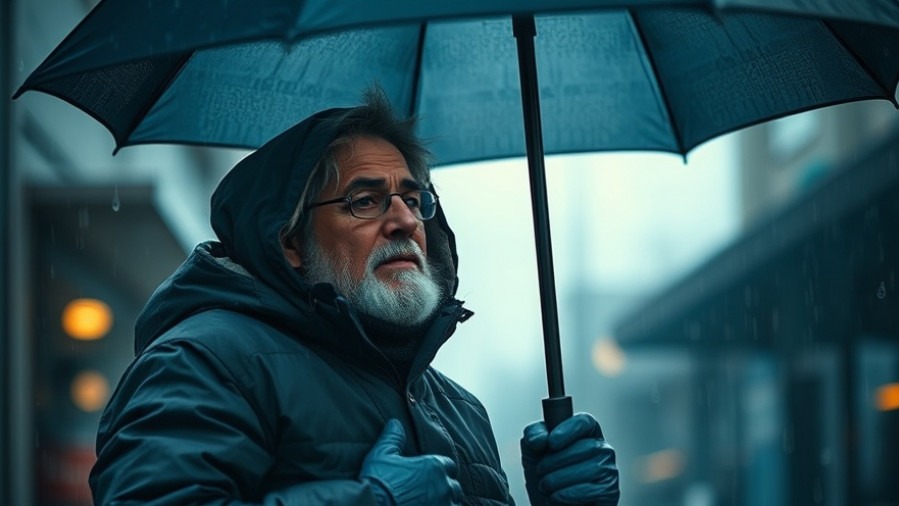 Adult stepping out under a large umbrella in Kansas City rain, embracing urban lifestyle.