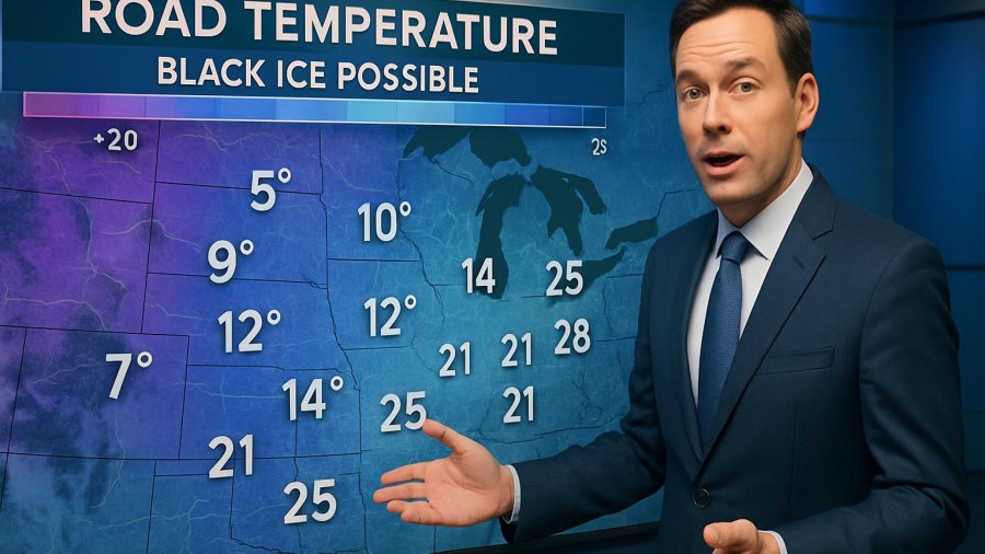Professional forecaster in studio explaining Kansas City neighborhoods' winter safety.