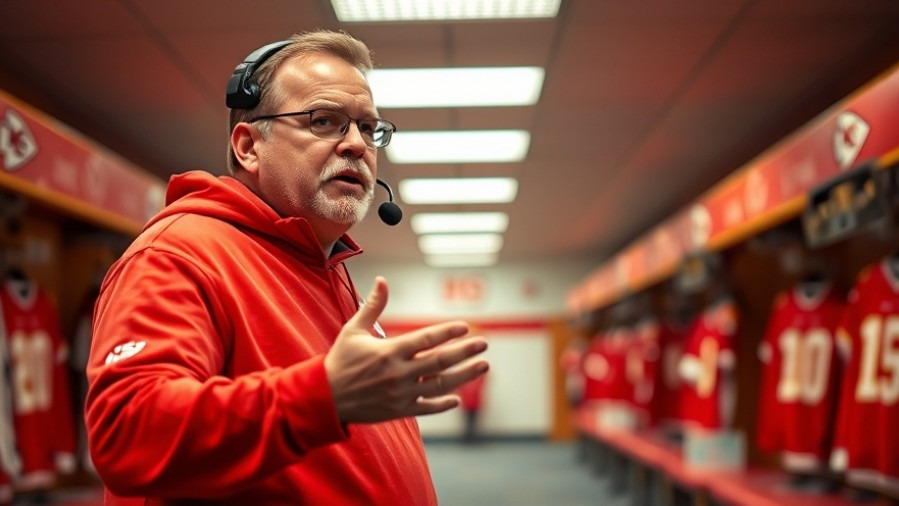 Andy Reid in red sweatshirt, leading KC Chiefs roster discussion in vibrant locker room.