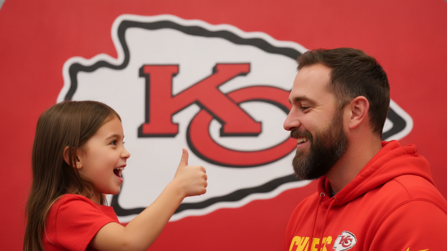 Smiling man and girl with thumbs up against vibrant Chiefs logo background
