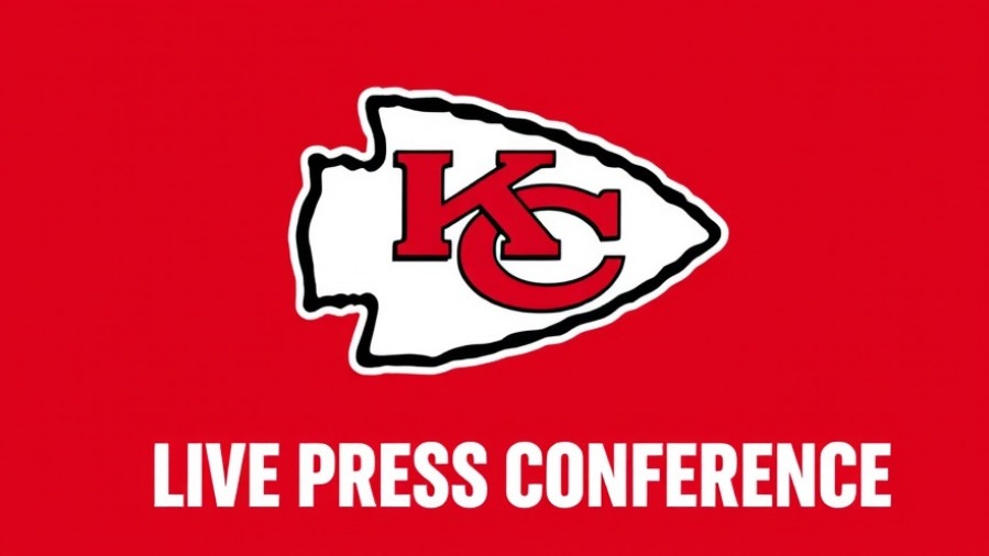 Bold Kansas City Chiefs logo on red backdrop for live press conference.