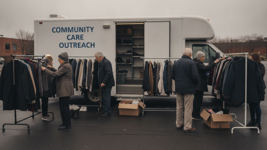 Older adults receive clothing support at Kansas City community health outreach event.