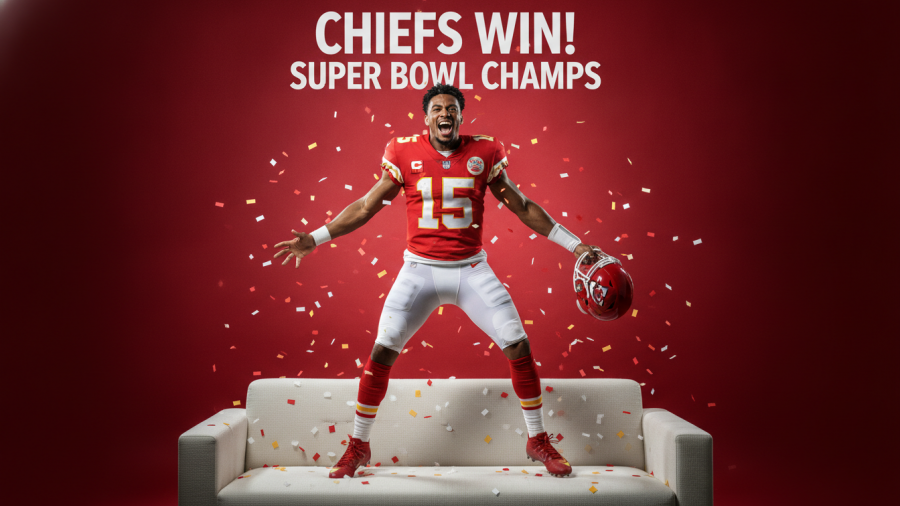 Joyful Kansas City Chiefs player in action, vibrant colors on red backdrop.