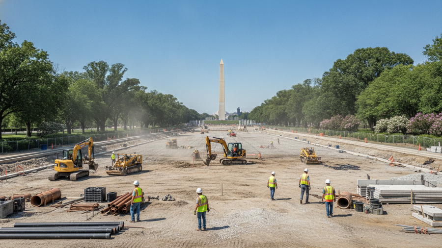 Construction at drained reflecting pool near Washington Monument highlights community reaction and accountability.
