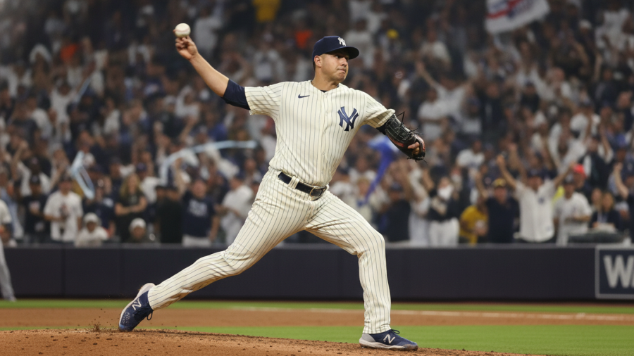 Photorealistic Yankees pitcher mid-throw, ideal for Yankees vs. Rays betting insights.