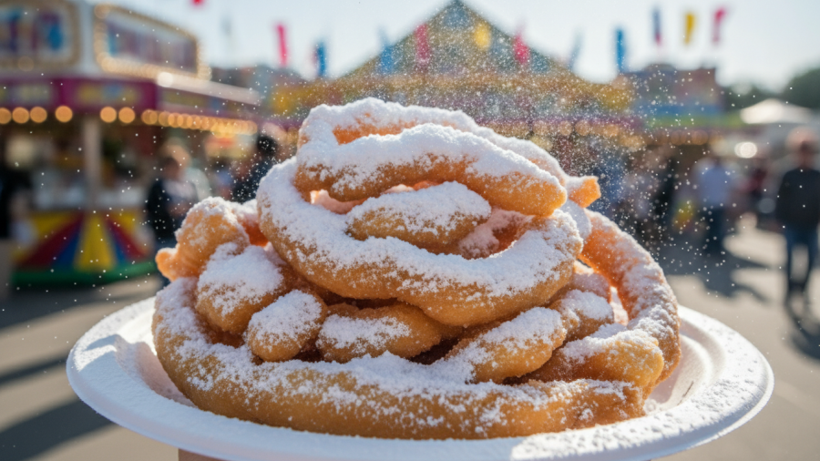 Support local KC: scrumptious funnel cake with powdered sugar at a vibrant fair.