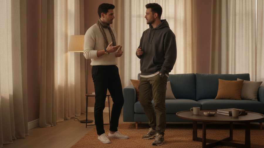 Two stylish young men discussing Kansas City Chiefs roster in a cozy setting.