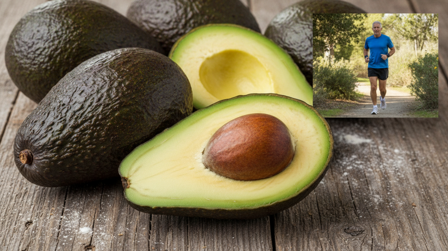 Fresh avocados highlighting heart health benefits with an older man jogging outdoors.