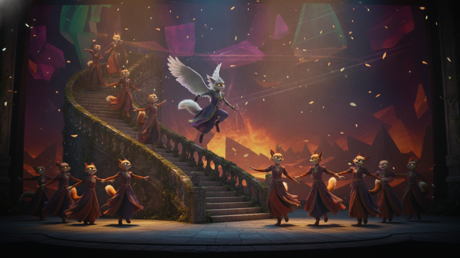 Vibrant animated characters performing in a theater, showcasing local success stories Kansas City.