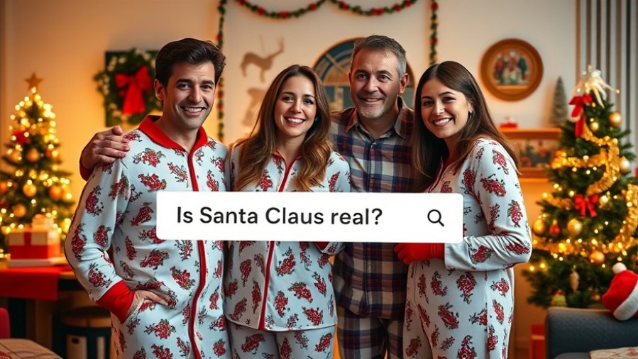 Cheerful family in festive pajamas exploring tech's impact on childhood beliefs.