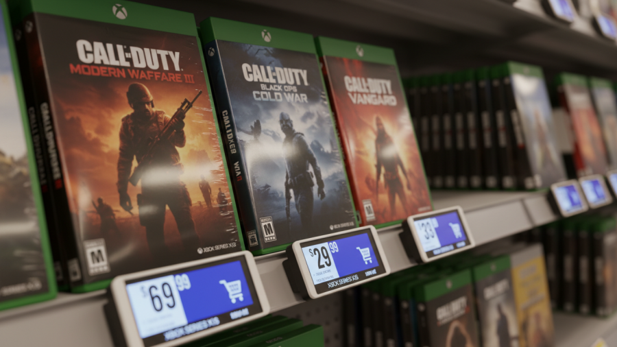 Close-up of Xbox games, showcasing Call of Duty access and vibrant digital price tags.