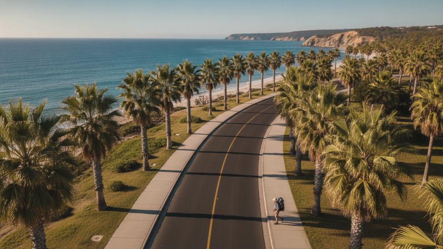 A man walking on a coastal road, highlighting vehicle safety and youth responsibility.