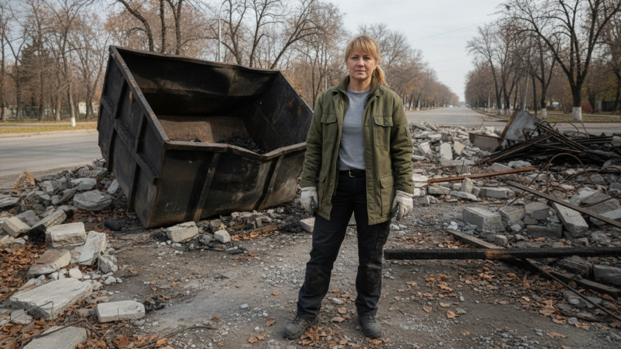Confident woman at urban cleanup site, promoting Kansas City economic growth.