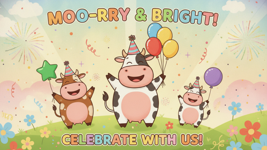 Colorful cartoon cows celebrate with balloons, promoting Kansas City small businesses.