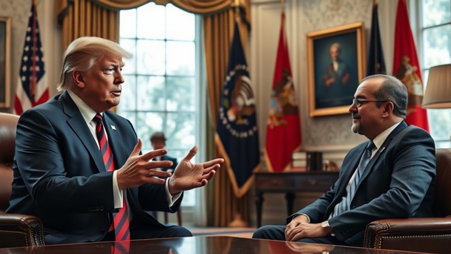 Donald Trump discussing with a dark-complected male politician in a professional setting.