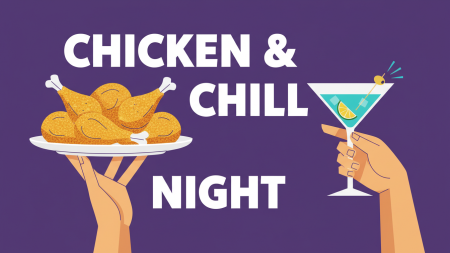 Artistic illustration of local events in Kansas City with fried chicken and a martini on a vibrant background.
