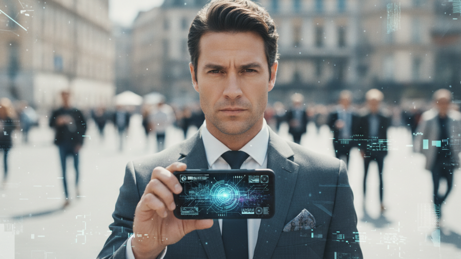 Male professional assessing AI safety evaluation amidst bustling city, highlighting tech industry ethics.