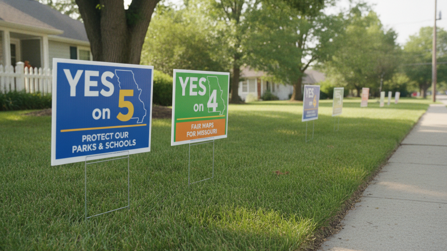 Colorful campaign signs promote local governance reforms in Kansas City politics.