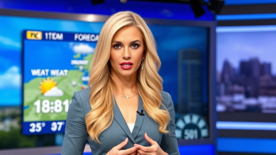 Blonde female newscaster presenting weather forecast in vibrant Kansas City studio.