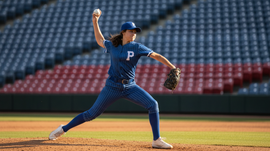 Young female baseball player pitching in vibrant blue gear, outdoor sports focus