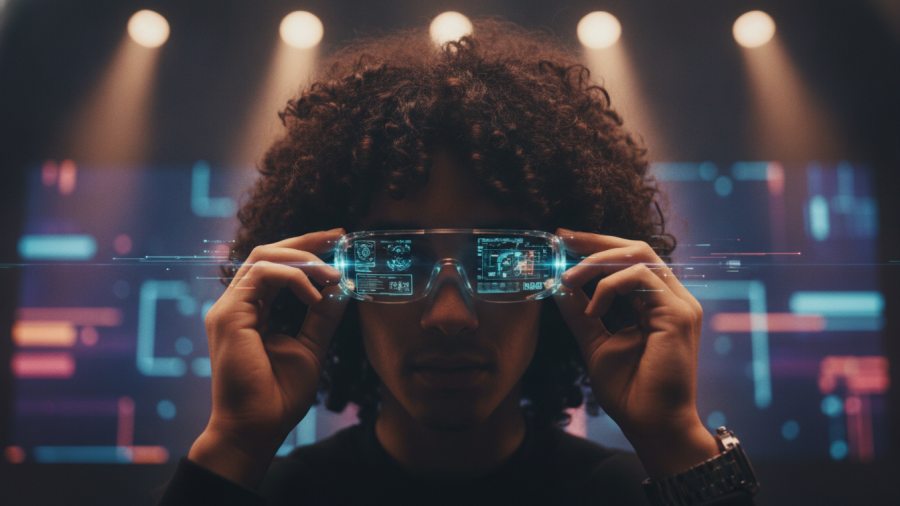 Person with curly hair adjusts smart glasses, spotlighting on emerging technology trends.