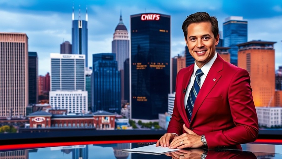 Confident news anchor presenting Kansas City Chiefs segment in a vibrant cityscape.